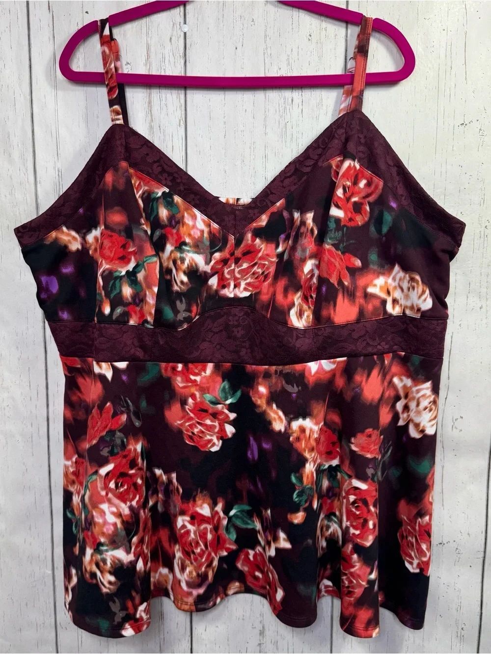 Torrid Burgundy Floral Lace Trim Cami Tank Top Size 5X Romantic Cottagecore Boho